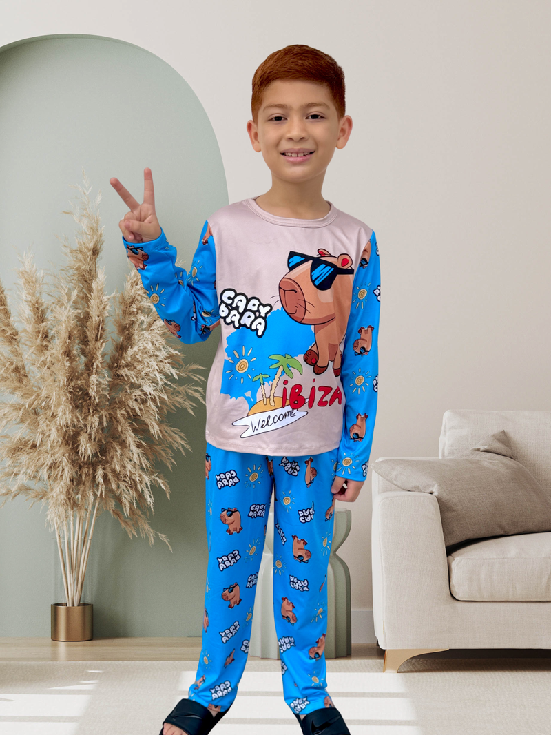 PIJAMA MANGA LARGA / PANTALON CAPIBARA AZUL