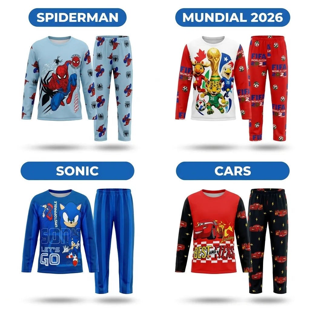 Diseños de pijamas para niño: Spiderman, Mundial 2026, Sonic, Cars